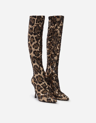 Shop Dolce & Gabbana Sequined Boots In Leopard Print