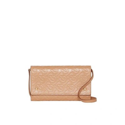 Shop Burberry Monogram Leather Wallet With Detachable Strap