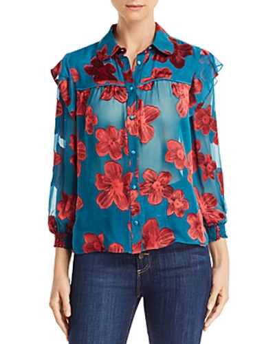 Shop Alice And Olivia Alice + Olivia Ziggy Ruffled Floral Burnout Blouse In Daisy Teal/cherry