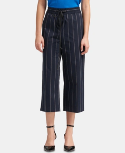 Shop Dkny Striped Wide-leg Cropped Pants With Faux-leather Tie In Black/white