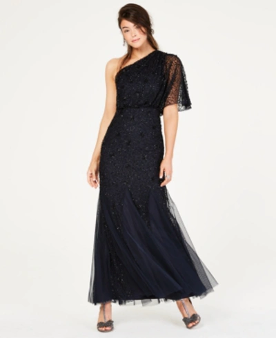 Shop Adrianna Papell Sequined Blouson One-shoulder Gown In Black