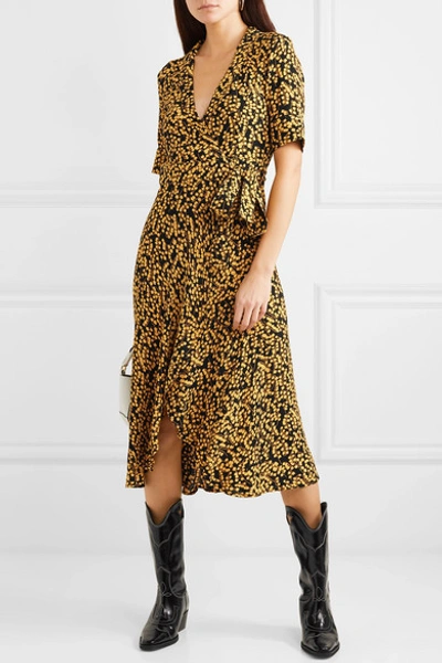 Shop Ganni Floral-print Crepe De Chine Wrap Dress In Black