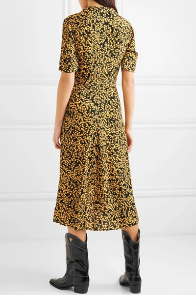 Shop Ganni Floral-print Crepe De Chine Wrap Dress In Black