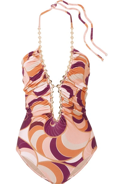 Shop Adriana Degreas Nautlius Chain-embellished Printed Halterneck Swimsuit In Blush