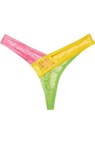 Shop Agent Provocateur Marty Neon Mesh-trimmed Color-block Stretch-lace Thong In Yellow