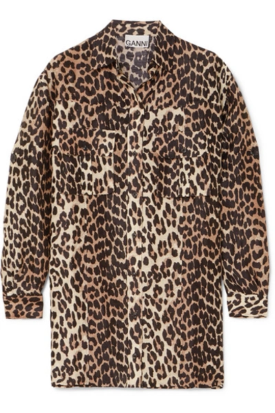 Shop Ganni Leopard-print Linen And Silk-blend Shirt In Leopard Print