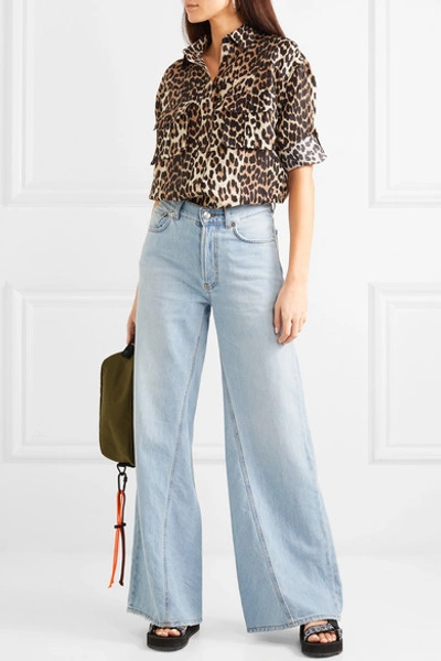 Shop Ganni Leopard-print Linen And Silk-blend Shirt In Leopard Print