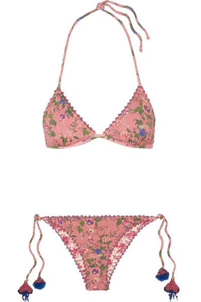 Shop Anjuna Reversible Crochet-trimmed Printed Triangle Bikini In Baby Pink