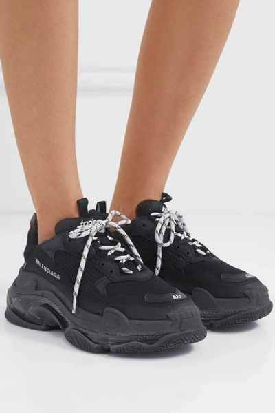 Shop Balenciaga Triple S Logo-embroidered Leather, Nubuck And Mesh Sneakers In Black