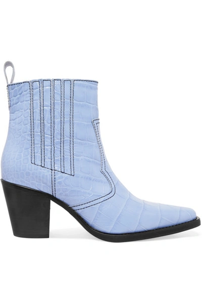 Shop Ganni Croc-effect Leather Ankle Boots In Sky Blue
