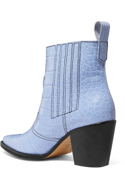 Shop Ganni Croc-effect Leather Ankle Boots In Sky Blue