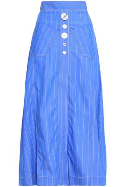 Shop Ellery Woman Aggie Button-embellished Pinstriped Cotton-poplin Midi Skirt Blue
