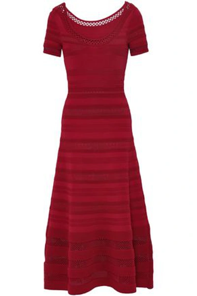 Shop Sandro Roselle Open And Jacquard-knit Midi Dress In Crimson
