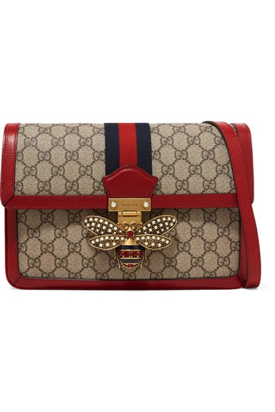 Shop Gucci Queen Margaret Embellished Textured Leather-trimmed Printed Coated-canvas Shoulder Bag
