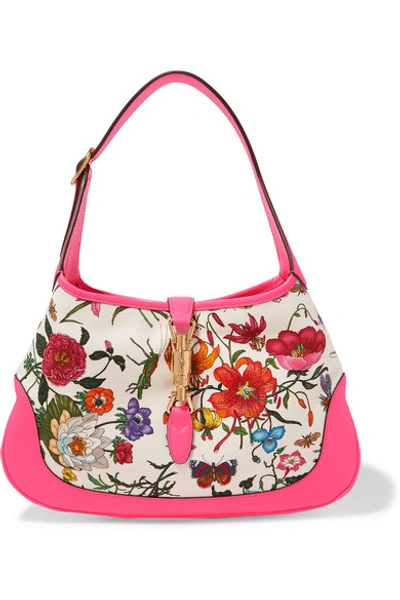 Shop Gucci Jackie Hobo Medium Floral-print Canvas And Textured-leather Shoulder Bag In Pink
