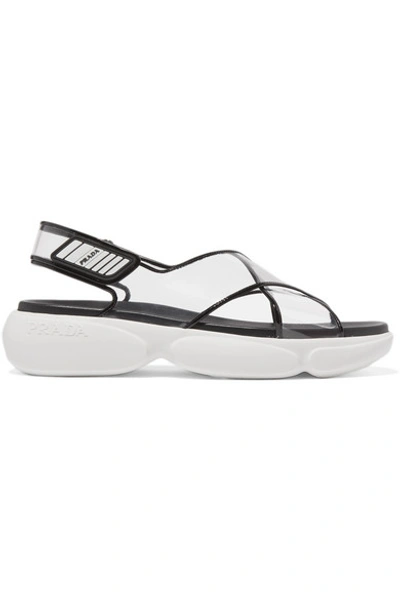 Shop Prada 40 Logo-embossed Rubber-trimmed Leather And Pvc Sandals In Black