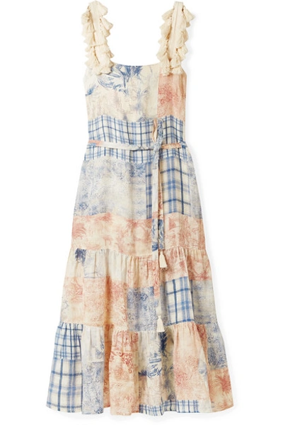 Shop Tory Burch Tasseled Patchwork Printed Linen Maxi Dress In Sky Blue