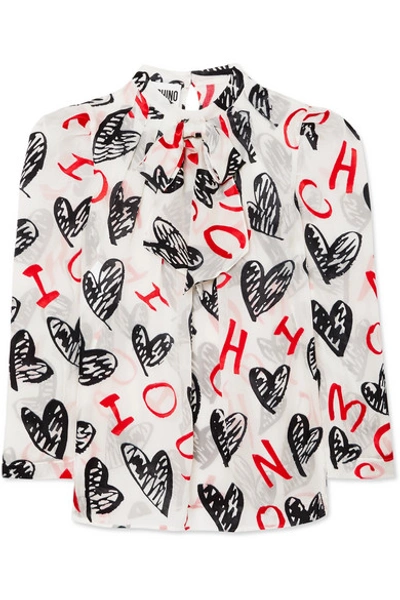 Shop Moschino Pussy-bow Flocked Printed Chiffon Blouse In White