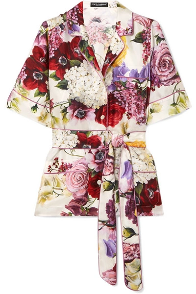 Shop Dolce & Gabbana Belted Floral-print Silk-satin Shirt In White