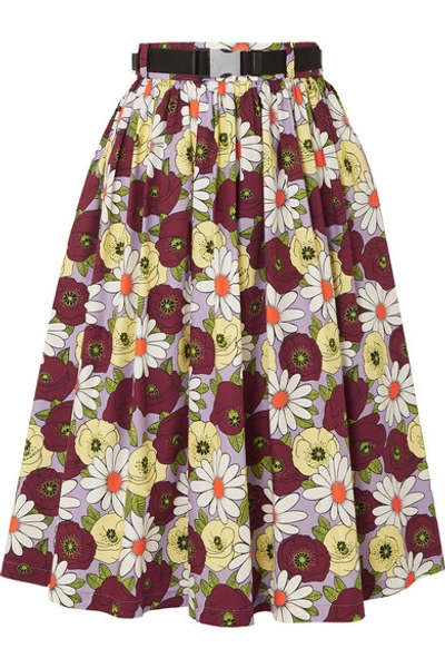 Shop Prada Belted Floral-print Cotton-poplin Skirt In Purple
