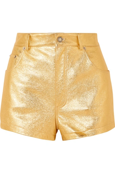 Shop Saint Laurent Metallic Crinkled-leather Shorts In Gold