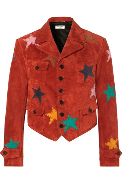 Shop Saint Laurent Appliquéd Suede Jacket In Red