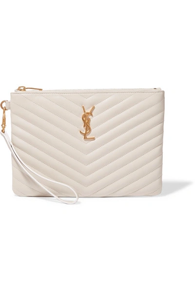Shop Saint Laurent Monogramme Quilted Leather Pouch In Cream