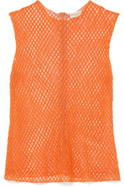 Dries Van Noten Bead-embellished Mesh Top In Orange