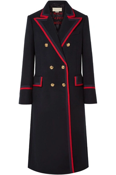 Shop Gucci Grosgrain-trimmed Wool-blend Coat In Navy