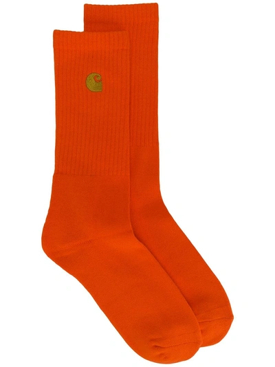 Shop Carhartt Logo Ribbed Socks In Orange