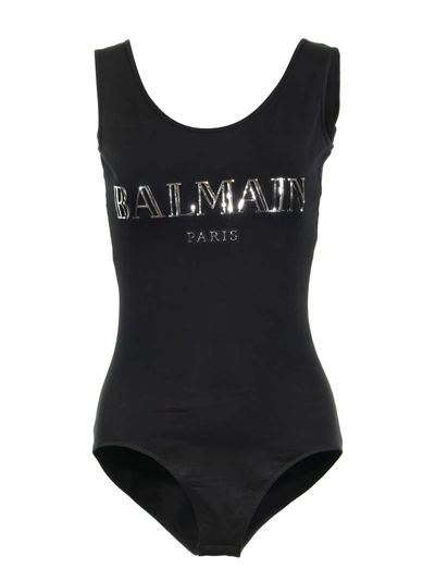 Shop Balmain Logo Printed Bodysuit In Black