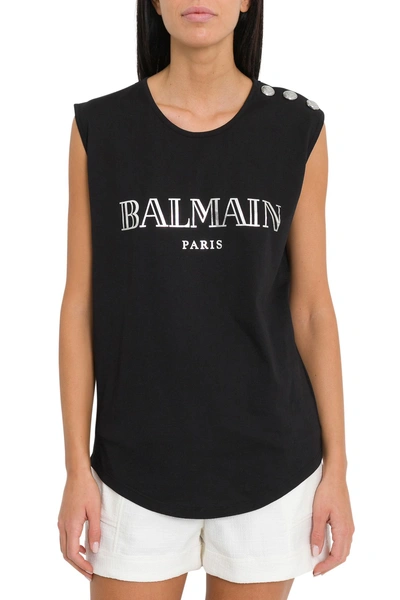 Shop Balmain Logoed Top With Thrre Buttons On Shoulder In Nero