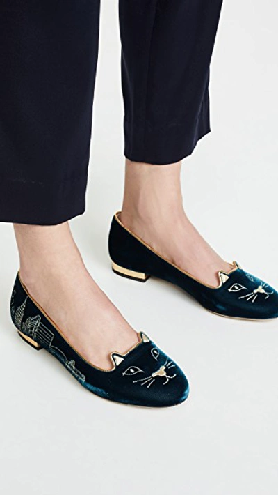 Shop Charlotte Olympia City Kitty New York Flats In Blue/gold
