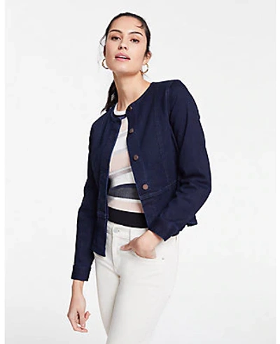 Shop Ann Taylor Petite Performance Stretch Denim Peplum Jacket In Evening Sea Wash 