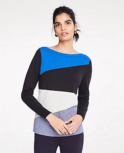 Shop Ann Taylor Petite Colorblock Boatneck Sweater In Aegean Sea Blue