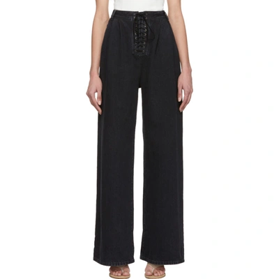 Shop Ben Taverniti Unravel Project Unravel Black Lace-up Wide-leg Jeans In Black Rinse