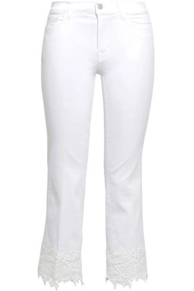 Shop J Brand Selena Guipure Lace-trimmed Mid-rise Kick-flare Jeans In White