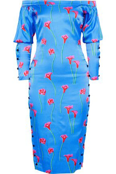 Shop Caroline Constas Woman Dania Off-the-shoulder Floral-print Washed Stretch-silk Dress Azure
