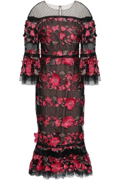 Shop Marchesa Notte Woman Floral-appliquéd Embroidered Point D'esprit Midi Dress Fuchsia