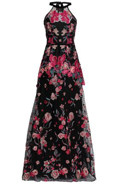Shop Marchesa Notte Embroidered Neoprene And Flocked Tulle Halterneck Gown In Black