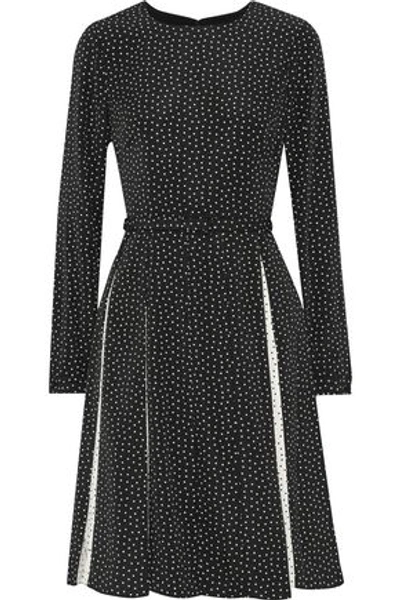 Shop Mikael Aghal Belted Pleated Printed Crepe Dress In Black