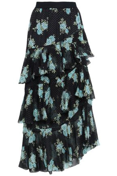 Shop Zimmermann Woman Tiered Flocked Floral-print Silk-blend Midi Skirt Midnight Blue