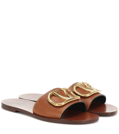 Shop Valentino Vlogo Leather Slides In Brown