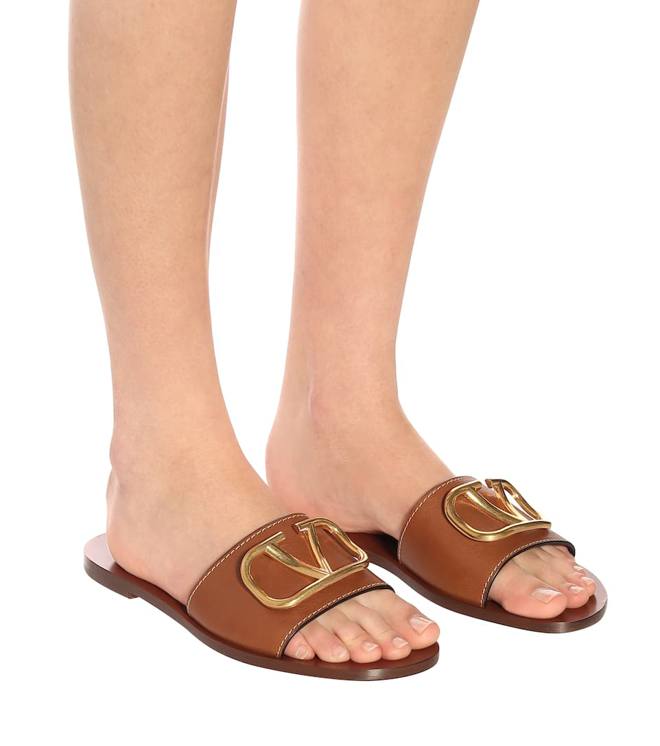 Valentino Garavani 10mm Vlogo Leather Slides In Brown | ModeSens