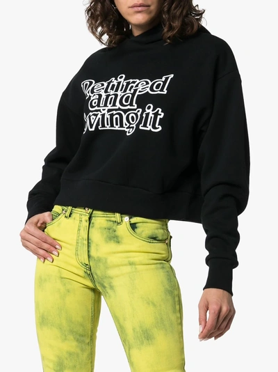 Shop Ashley Williams Slogan Print Cropped Cotton Hoodie In Black