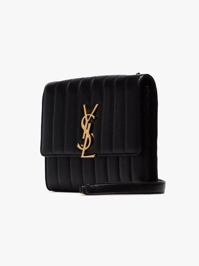 Shop Saint Laurent Black Vicky Monogram-embellished Leather Shoulder Bag In 1000 Black