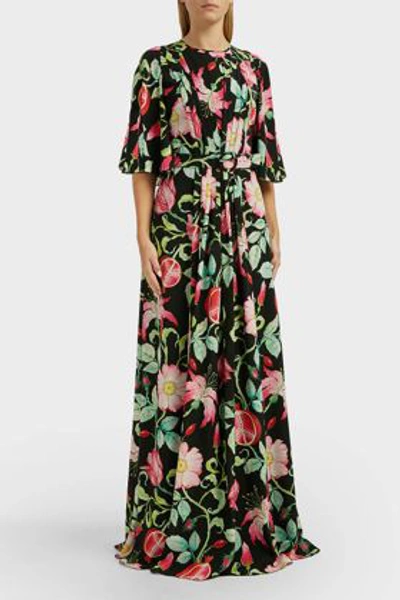 Shop Andrew Gn Belted Floral Silk Maxi Dress In Black
