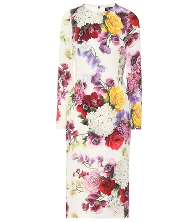 Shop Dolce & Gabbana Floral Stretch Silk Midi Dress In White