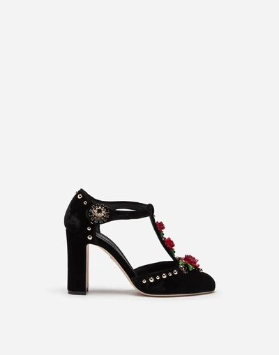 Shop Dolce & Gabbana Velvet T-straps With Embroidery In Black