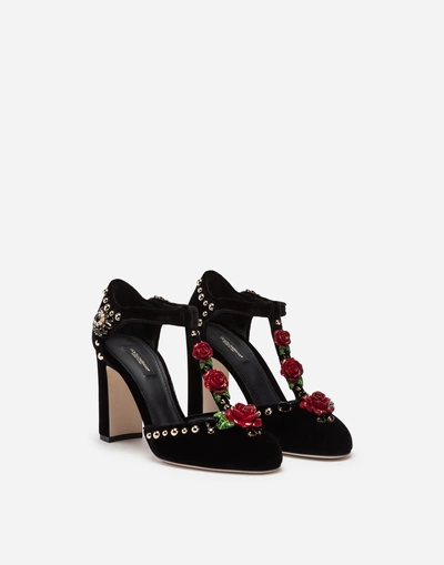 Shop Dolce & Gabbana Velvet T-straps With Embroidery In Black